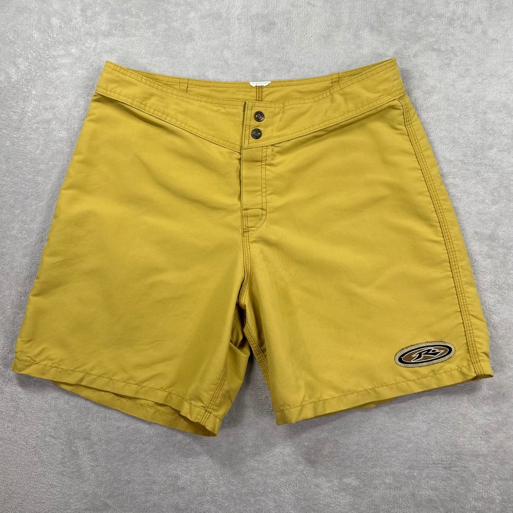 Rusty Board Shorts Mens 33 Mustard Yellow Retro Surf Y2K Double Snap Logo Patch